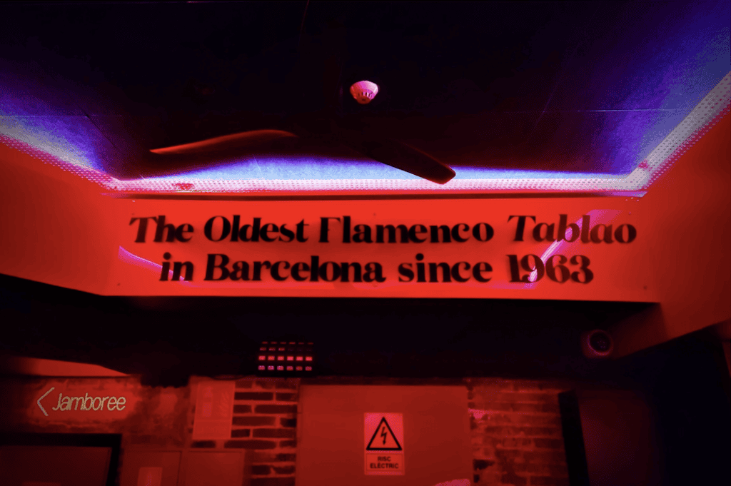 A sign at Los Tarantos reads "The Oldest Flamenco Tablao in Barcelona since 1963.